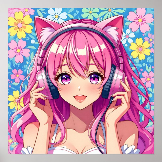 Poster Garota Anime Rosa Fofa com Fones de Ouvido (Frente)