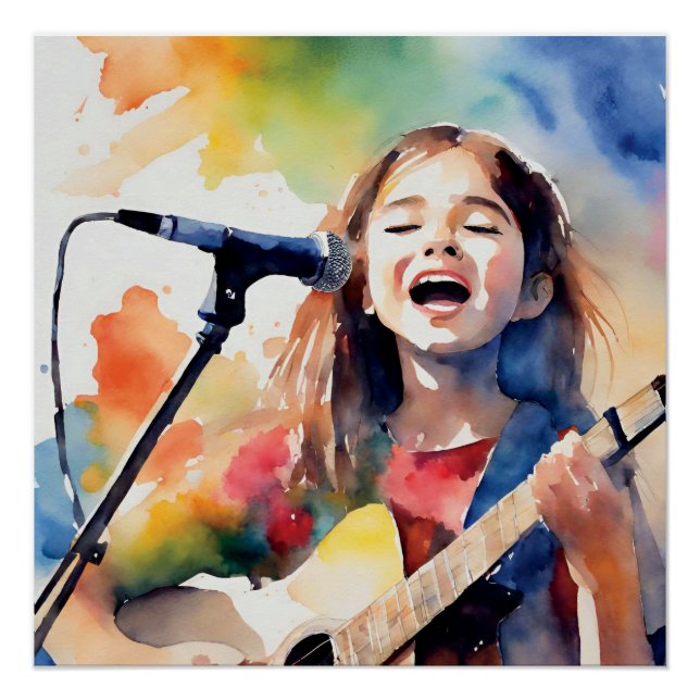 Póster Garota Aquarela Cantando e Tocando Violão, Cor (Frente)