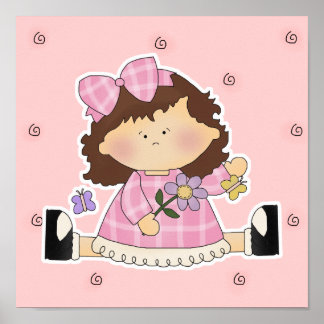 Poster Garota bonita sentada com flores e borboletas