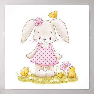 Poster Garota Coelhinha Bonita em Vestido Rosa e Pintinho
