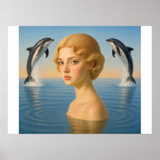 Poster GAROTA com GOLFINHOS NO OCEANO