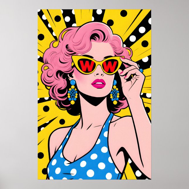 Poster Garota com Óculos de Sol Amarelos Pop Art (Frente)