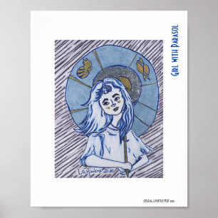 Poster Garota com Parasol, retrato de tinta azul no papa