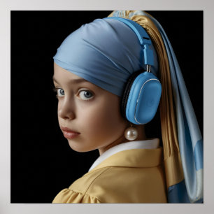 Poster Garota com pérolas e Fones de ouvido Azuis Auti