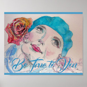Poster Garota com Rosa vermelha de Beret Watercolor