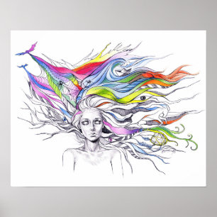 Poster Garota com sonhos no cabelo Arte de fantasia surre