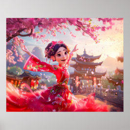 Poster Garota Cômica Dançando com Blossomas de Cereja em 