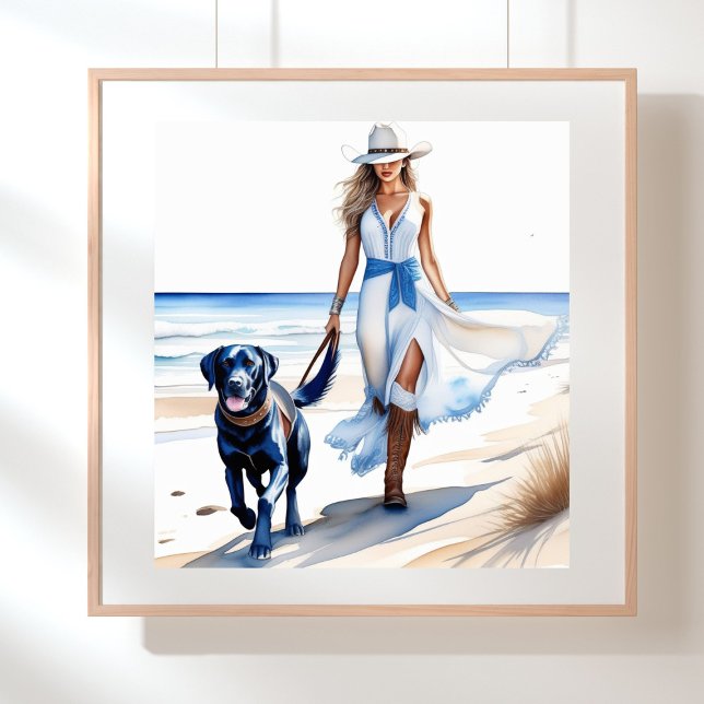 Poster Garota Costeira Andando com Cachorro na Praia (Coastal cowgirl walking on the beach with a dog)