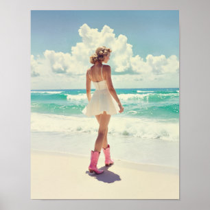 Poster Garota Costeira - Botas Rosa Estilo Vintage