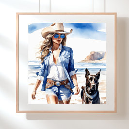 Poster Garota Costeira de Denim com Cachorro na Praia