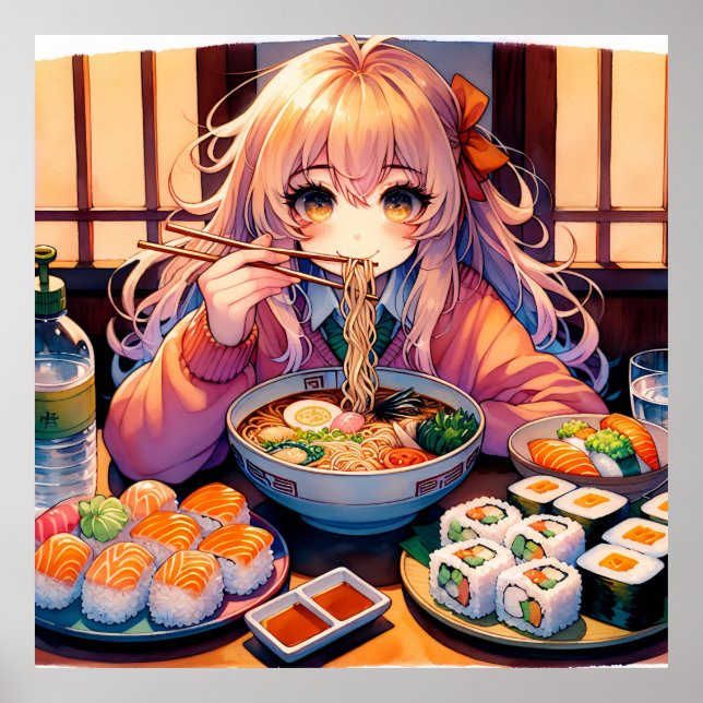 Poster Garota de Animação Bela comendo Ramen e Sushi (Frente)