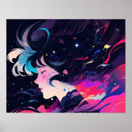 Poster Garota de Anime Abstrato Cósmico