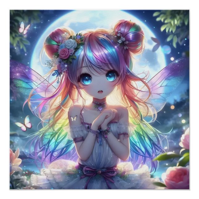 Póster Garota de Anime Cabelo Arco-íris Cantando Fada da  (Frente)