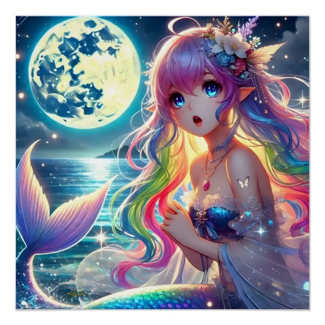 Póster Garota de Anime Cantando Luar Pixie Sereia Arco-ír (Frente)