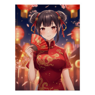 Póster Garota de Anime Chinês Arte Cheongsam Vermelho