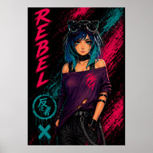 Poster Garota de Anime Ciberpunk Neon Preto
