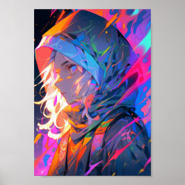 Poster Garota de Anime Cyberpunk Neon