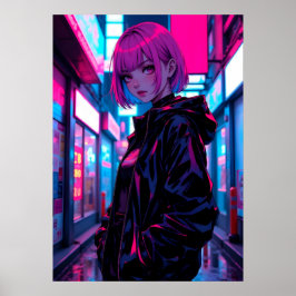 Poster Garota de Anime em Beco Neon Cyberpunk