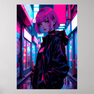Poster Garota de Anime em Beco Neon Cyberpunk