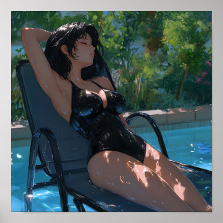 Poster Garota de Anime Ensolarada em Maiô Preto ao Lado d