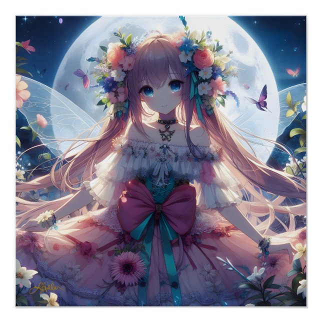 Póster Garota de Anime Flor Lua Fada (Frente)