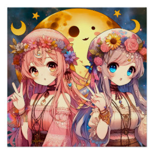 Póster Garota de Anime Hippie Lua Garotas Fazendo Sinal d