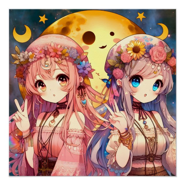 Póster Garota de Anime Hippie Lua Garotas Fazendo Sinal d (Frente)