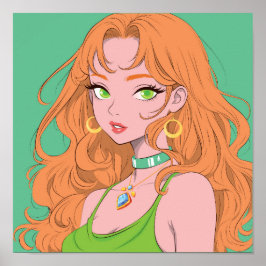 Poster Garota de Anime Retrô com Cabelo Ruivo e Olhos Ver