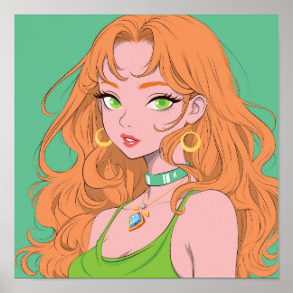 Poster Garota de Anime Retrô com Cabelo Ruivo e Olhos Ver