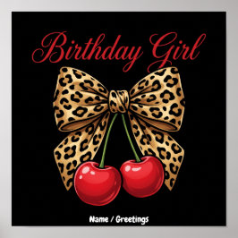 Poster Garota de Aniversário Coquete Retrô com Laço de Le