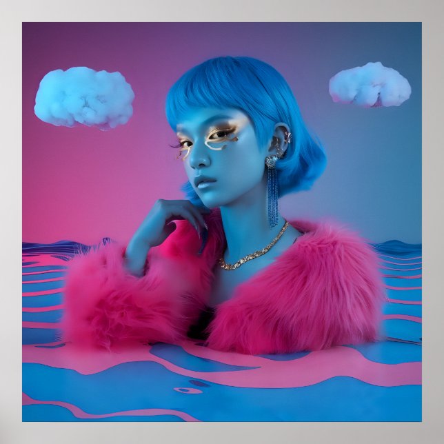 Poster Garota de colagem criativa em casaco de pele rosa (Frente)