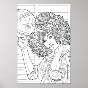 Poster Garota de Página de Coloração com Basquete