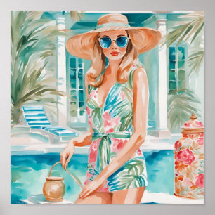 Poster Garota de Palma de Pílula de Aquarela na Piscina