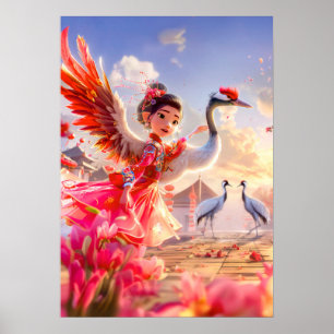 Poster Garota de Quadrinhos Dançando com Grou em Cena Gra