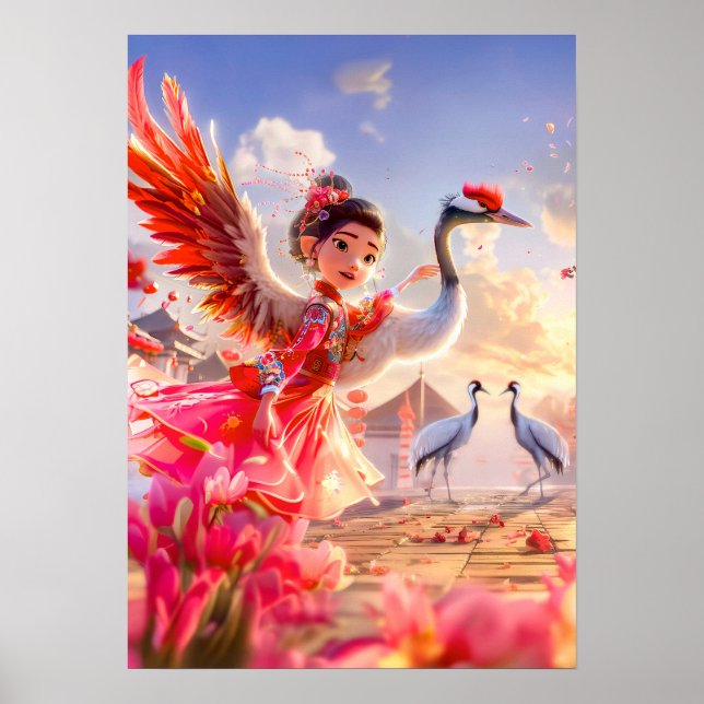 Poster Garota de Quadrinhos Dançando com Grou em Cena Gra (Frente)