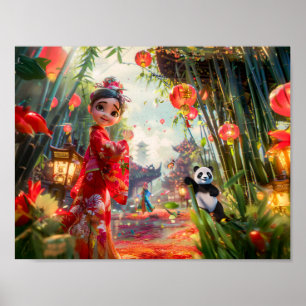 Poster Garota de Quadrinhos na Floresta de Bambu com Pand