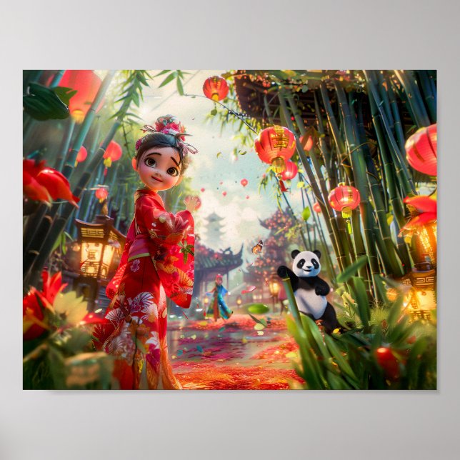 Poster Garota de Quadrinhos na Floresta de Bambu com Pand (Frente)