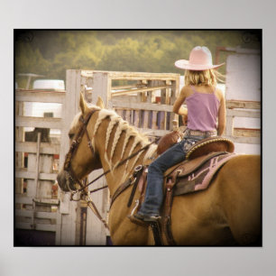 Póster Garota de Raça de Barrel e Cavalo