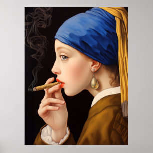 Poster Garota de Vermeer com Pérolas Comendo Fumar