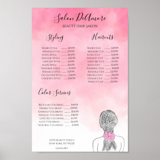 Poster Garota do Menu de Serviço com Trança Aquarela Rosa