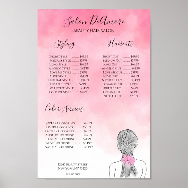 Poster Garota do Menu de Serviço com Trança Aquarela Rosa (Frente)