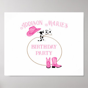 Poster Garota-do-rodeio rosa e branca do primeiro anivers