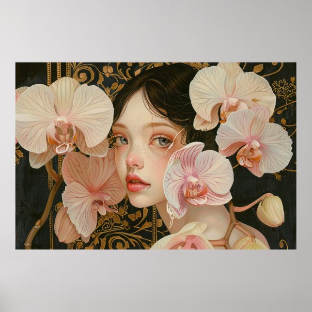 Poster Garota Doce nas Flores de Orquídea Pastel (Frente)