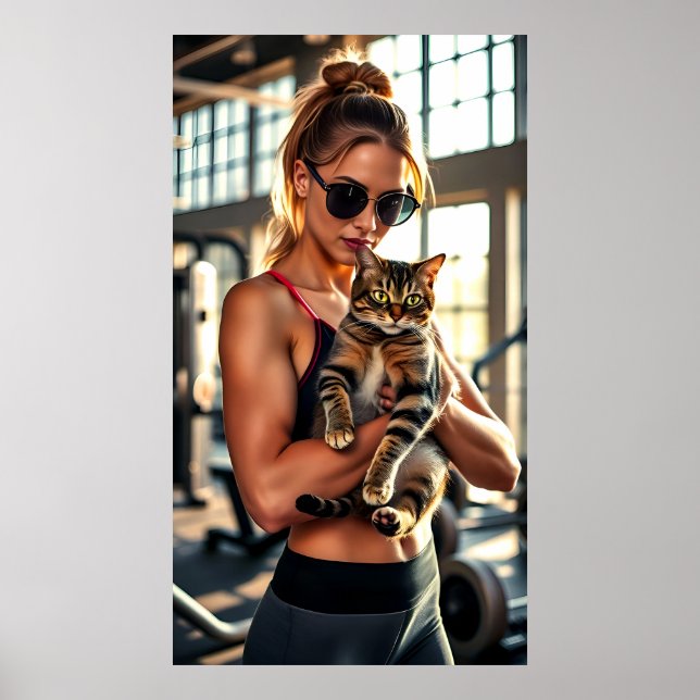 Poster Garota e Gato de malhação na academia. Motivação d (Frente)
