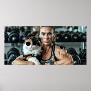 Poster Garota e Gato de malhação na academia. Motivação d