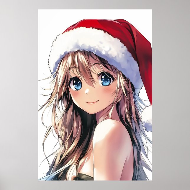 Poster Garota Festiva Santa Hat com Olhos Azuis Brilhante (Frente)