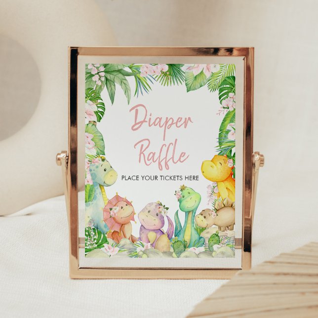 Poster Garota Floral Fralda Dinossauro Raffle (Greenery Dinosaur Baby Shower Diaper Raffle Sign)