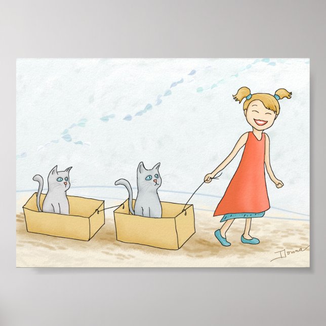 Poster Garota Fofa Passeando Gatos em Gráfico (Frente)