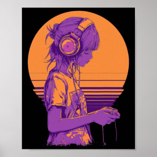 Poster Garota Gamer de Anime Retrô