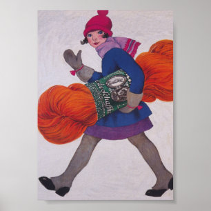 Poster Garota Giant Carregando Skein de Yarn Vintage
